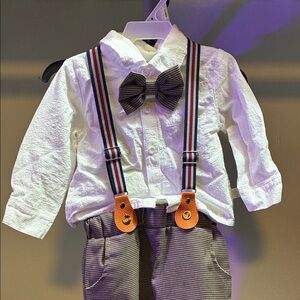 Kids White Shirt with Bow Tie and Suspenders Set